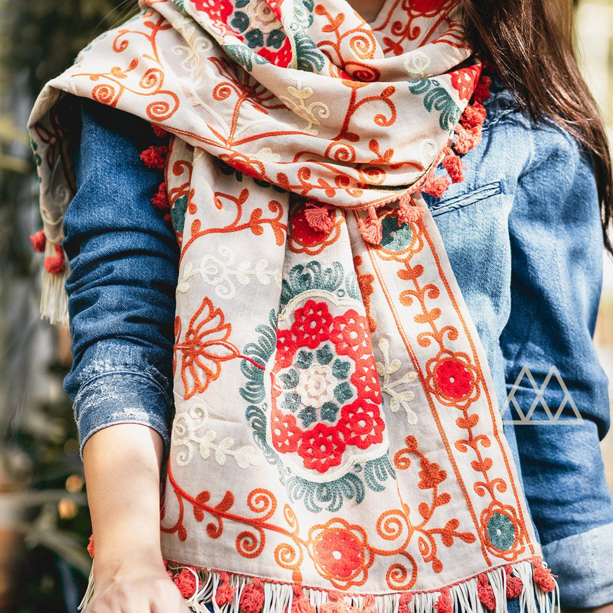 Fantastic Offwhite Colored Embroidered Khadi Muffler Stole