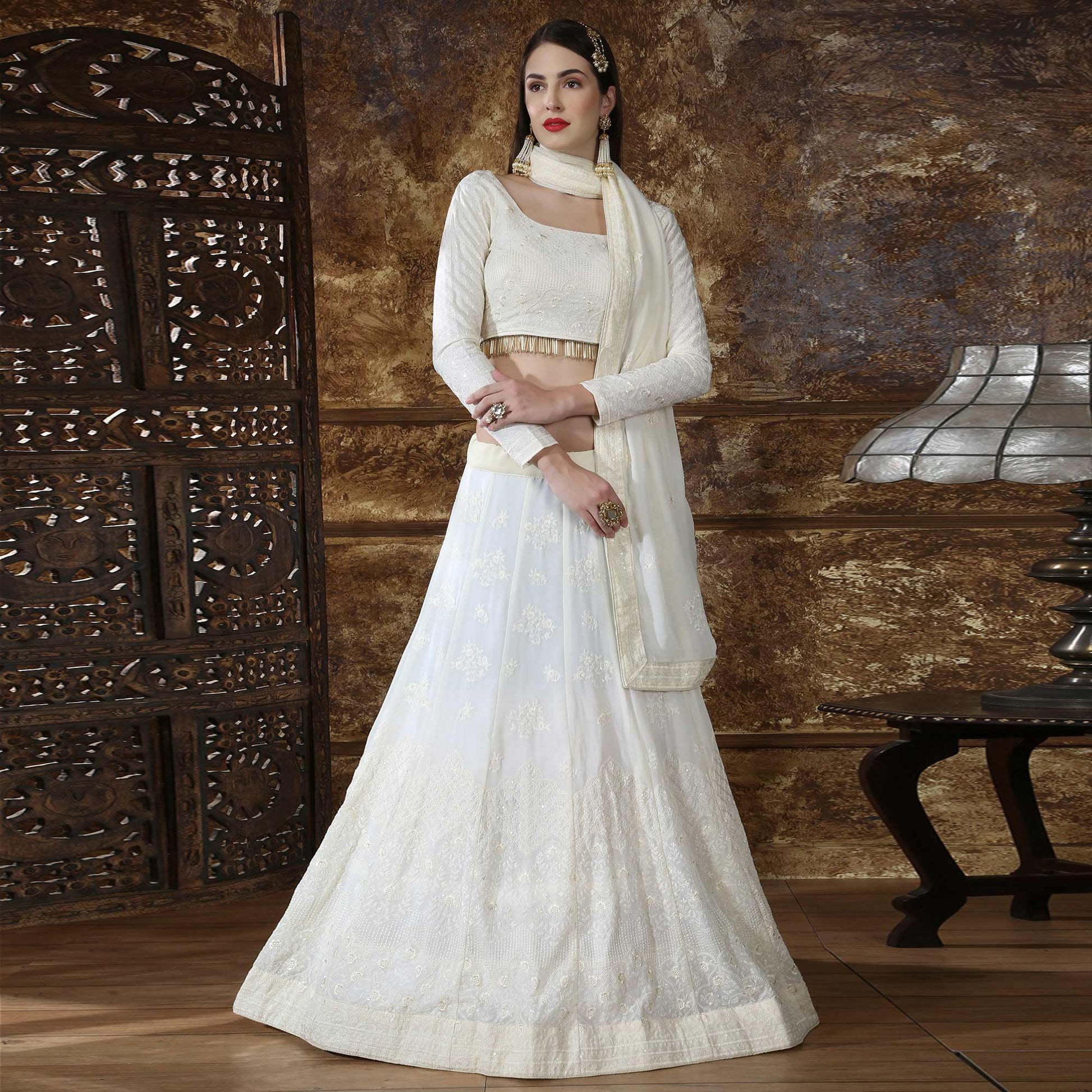Fantastic Offwhite Colored Partywear Embroidered Gerogette Lehenga Choli