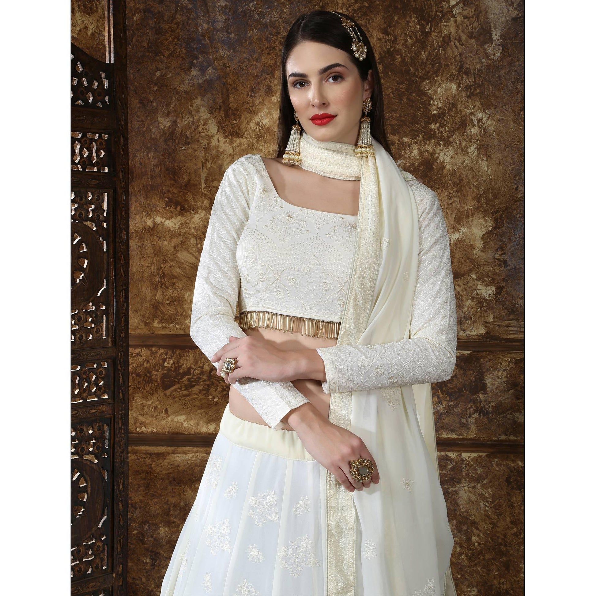 Fantastic Offwhite Colored Partywear Embroidered Gerogette Lehenga Choli