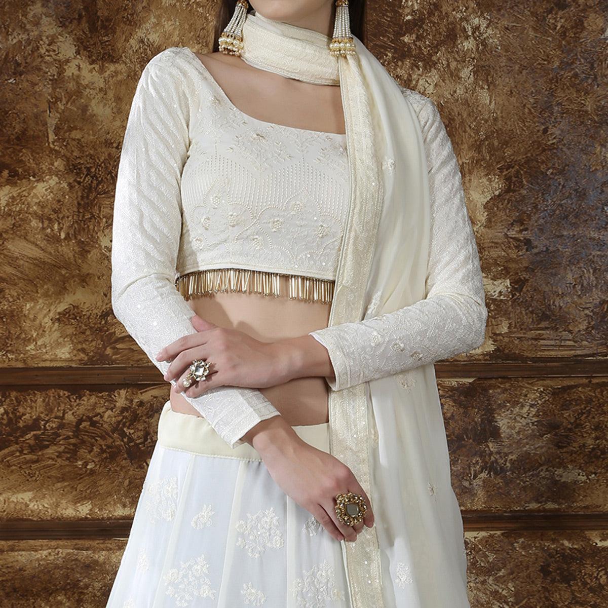 Fantastic Offwhite Colored Partywear Embroidered Gerogette Lehenga Choli