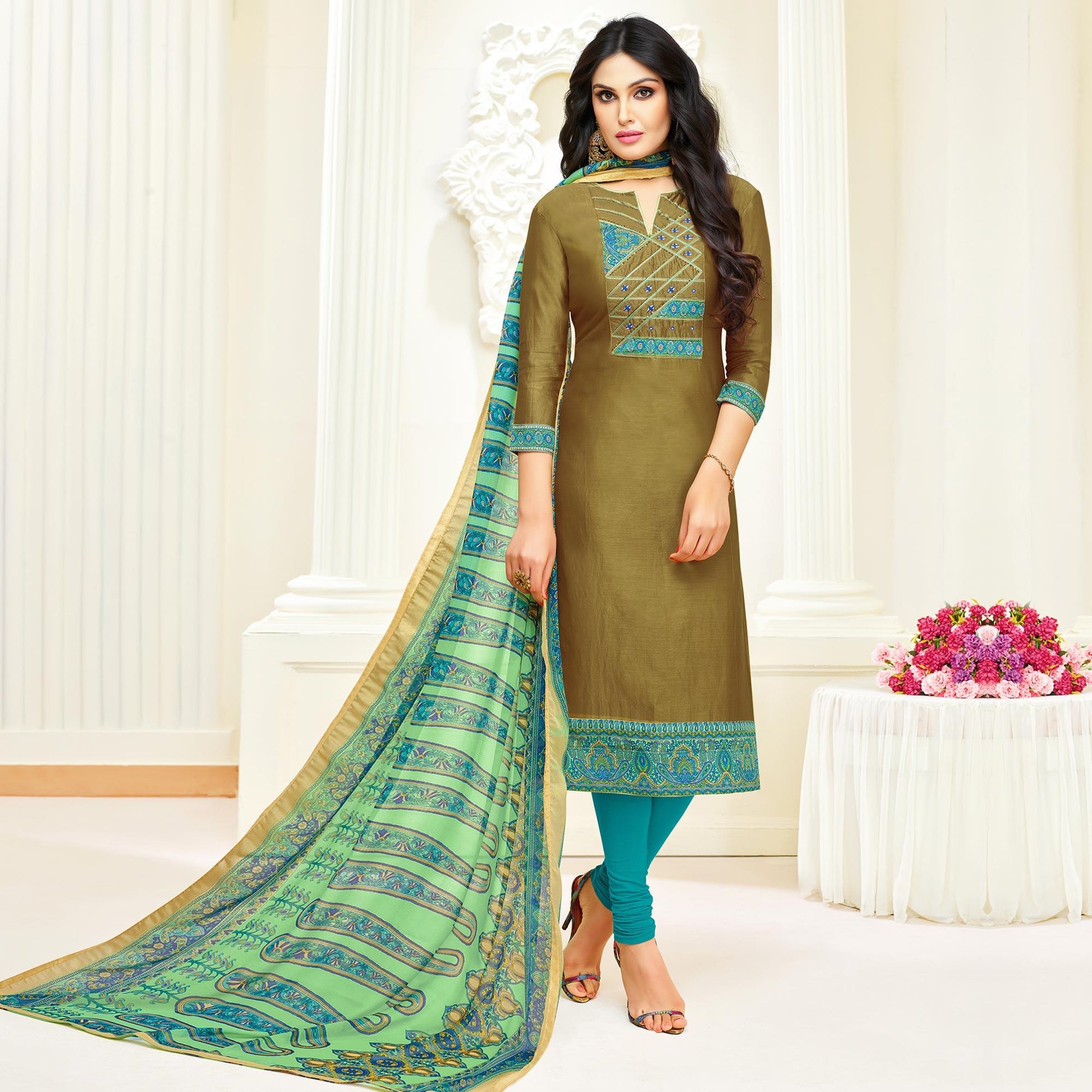 Fantastic Olive Green Colored Partywear Embroidered Cotton Suit