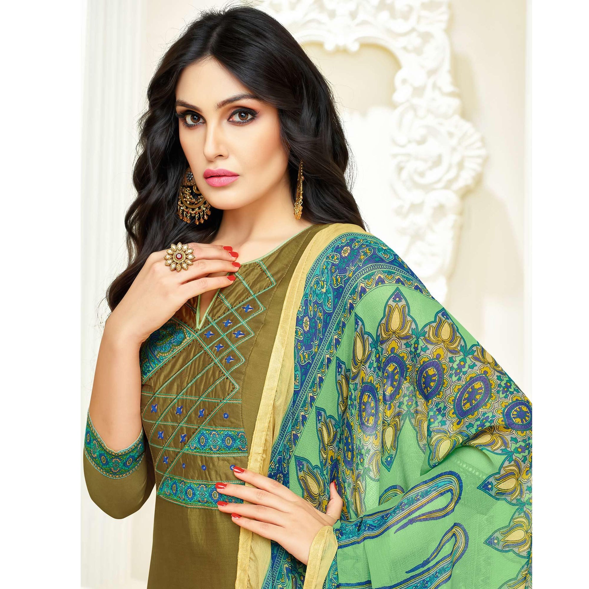 Fantastic Olive Green Colored Partywear Embroidered Cotton Suit