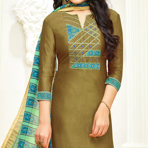 Fantastic Olive Green Colored Partywear Embroidered Cotton Suit