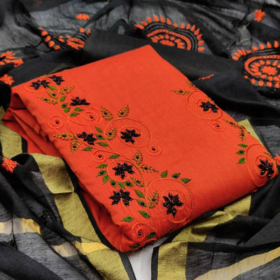 Fantastic Orange Colored Casual Wear Embroidered Cotton Dress Material