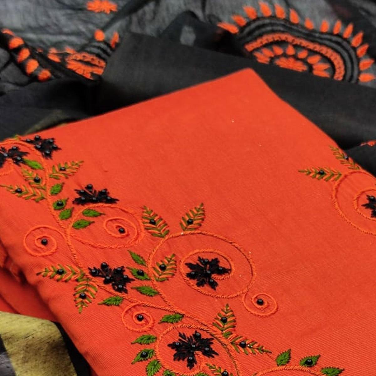 Fantastic Orange Colored Casual Wear Embroidered Cotton Dress Material