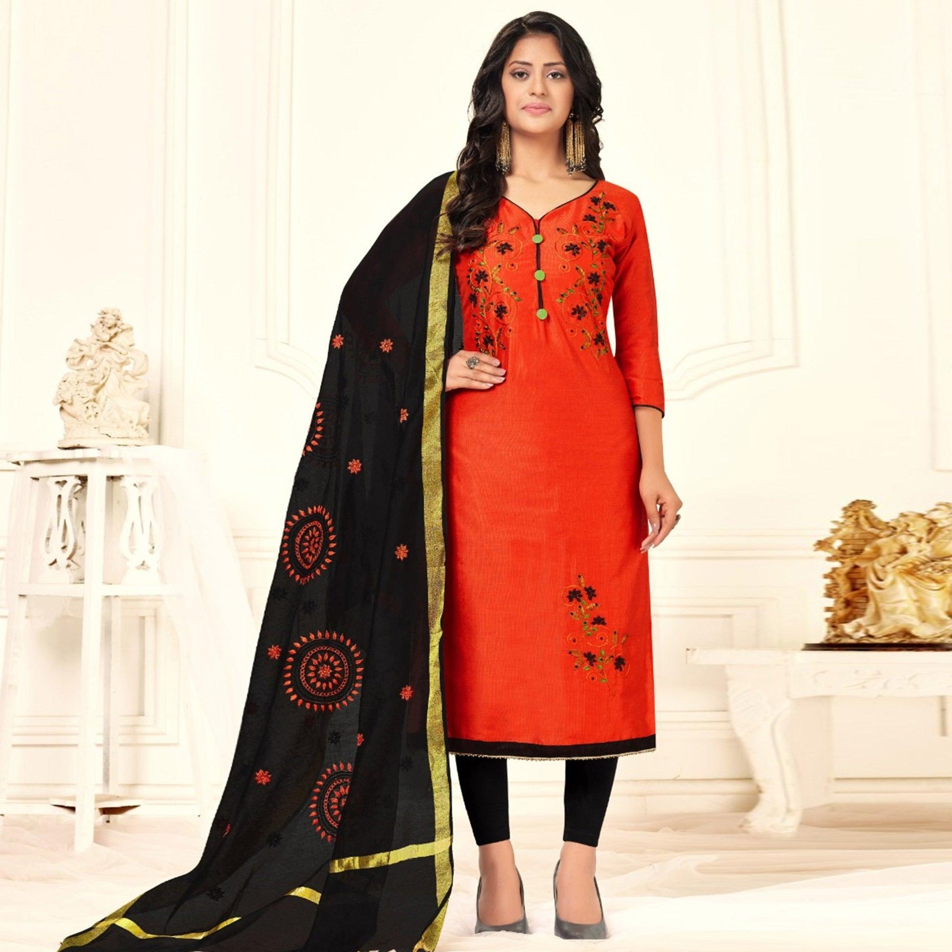 Fantastic Orange Colored Casual Wear Embroidered Cotton Dress Material