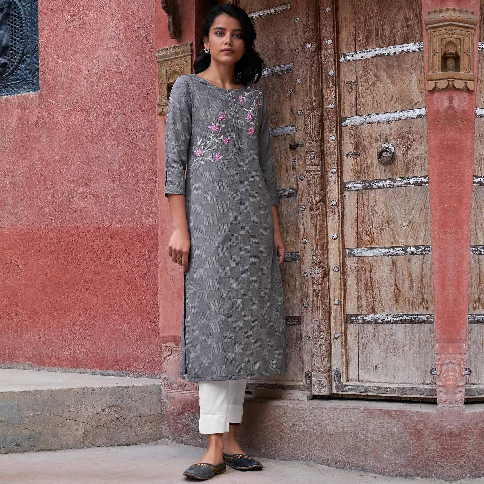 Fantastic Orange Colored Casual Wear Embroidered Pure Cotton Kurti