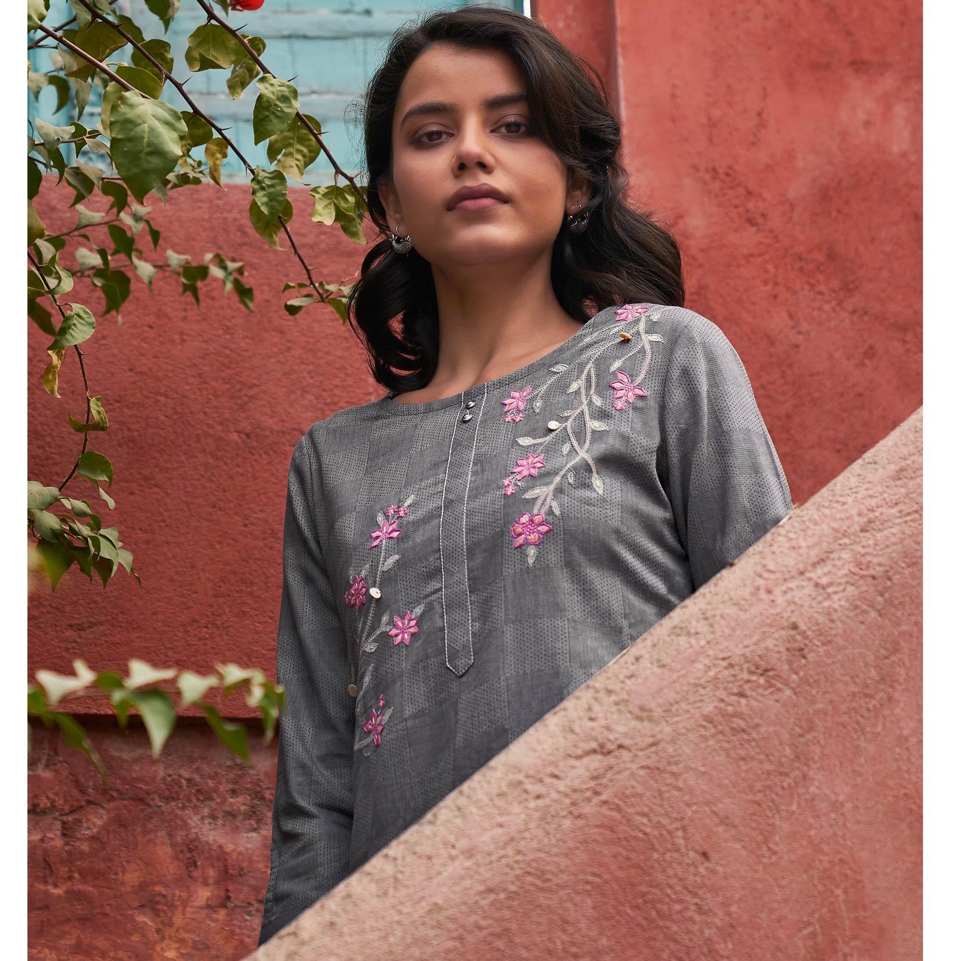 Fantastic Orange Colored Casual Wear Embroidered Pure Cotton Kurti