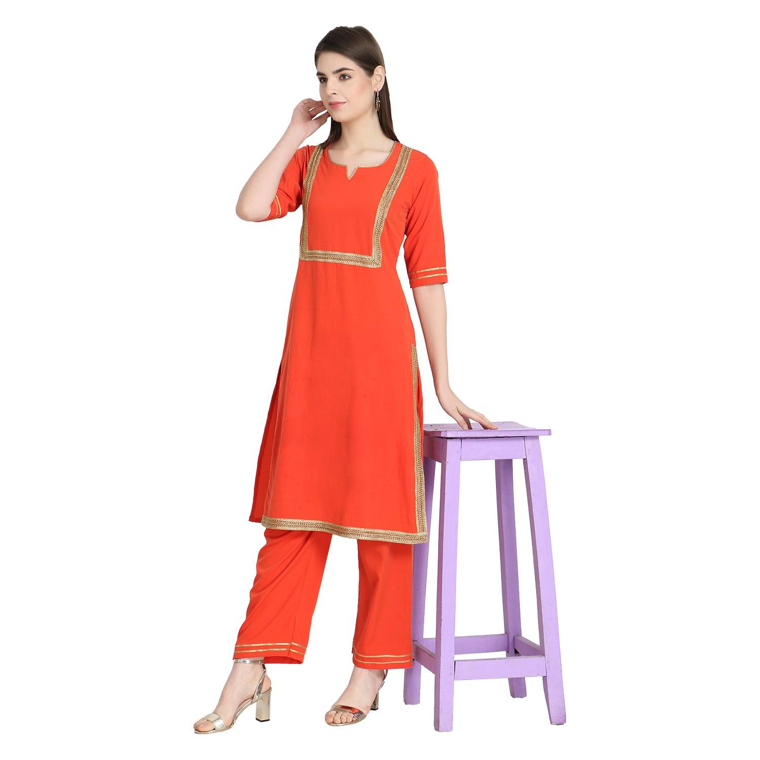 Fantastic Orange Colored Casual Wear Straight Crepe Kurti-Palazzo Set