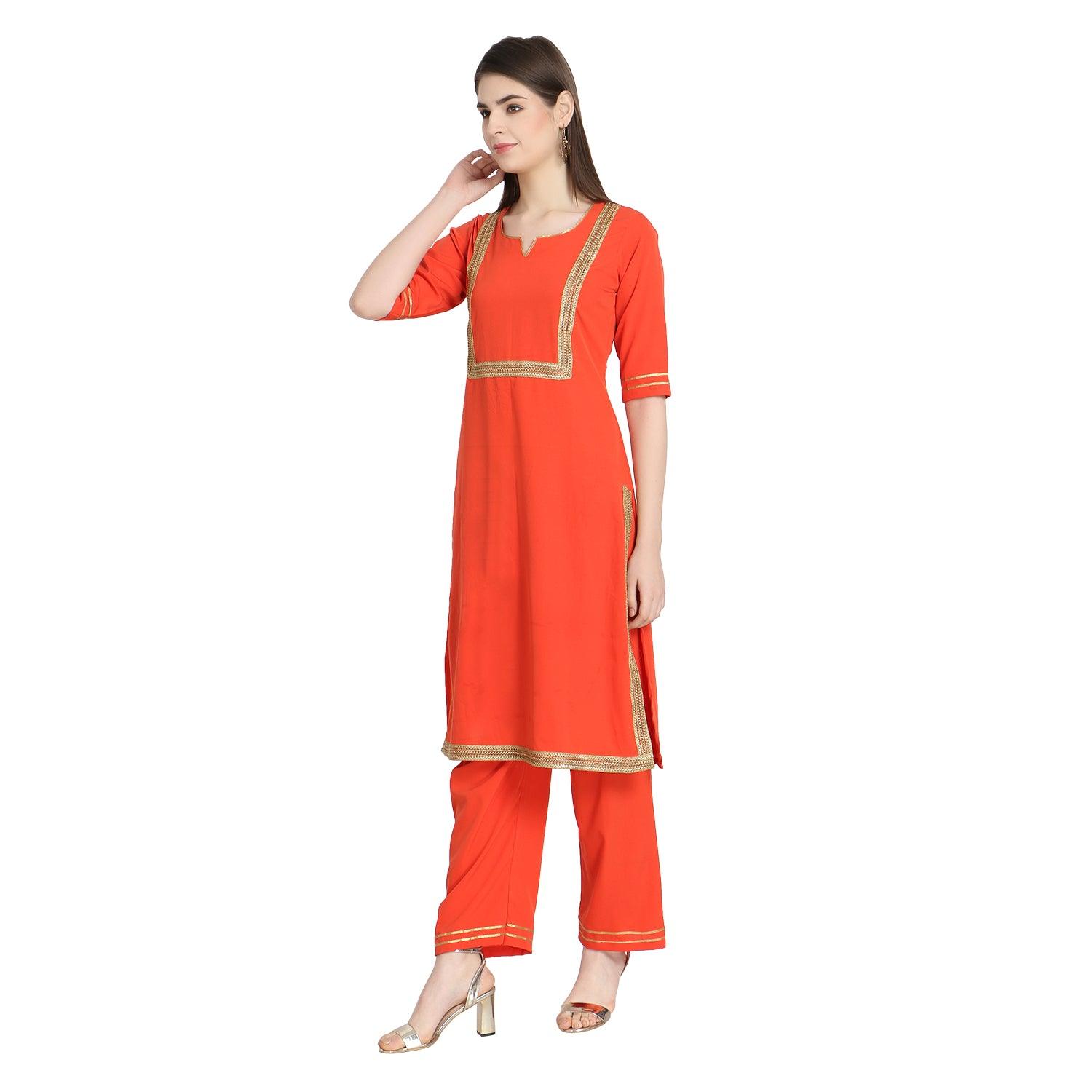 Fantastic Orange Colored Casual Wear Straight Crepe Kurti-Palazzo Set