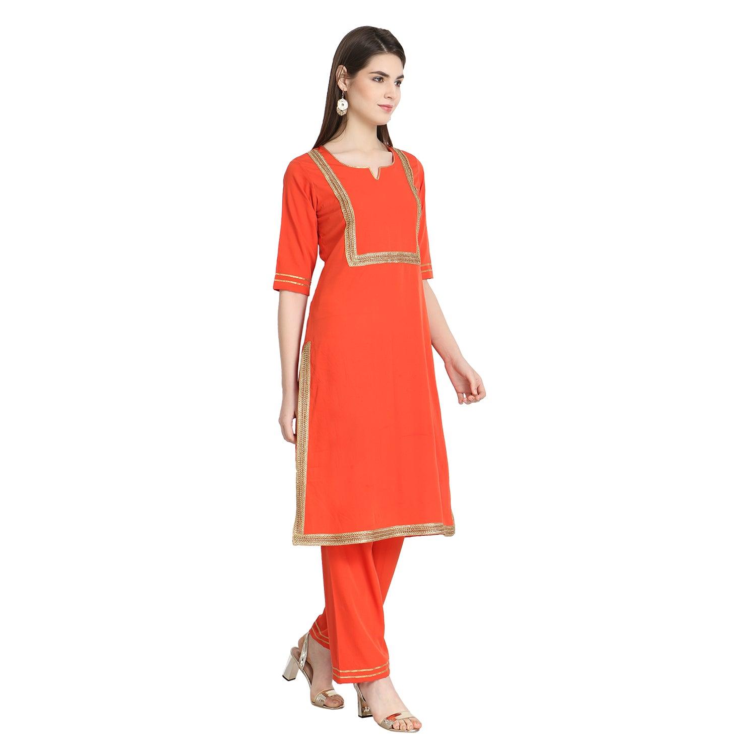 Fantastic Orange Colored Casual Wear Straight Crepe Kurti-Palazzo Set