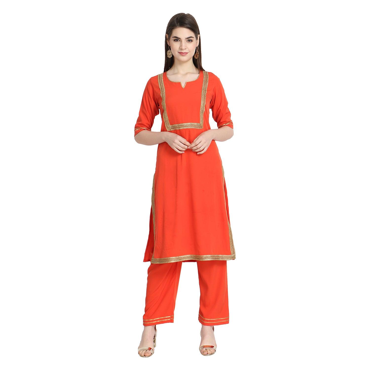 Fantastic Orange Colored Casual Wear Straight Crepe Kurti-Palazzo Set
