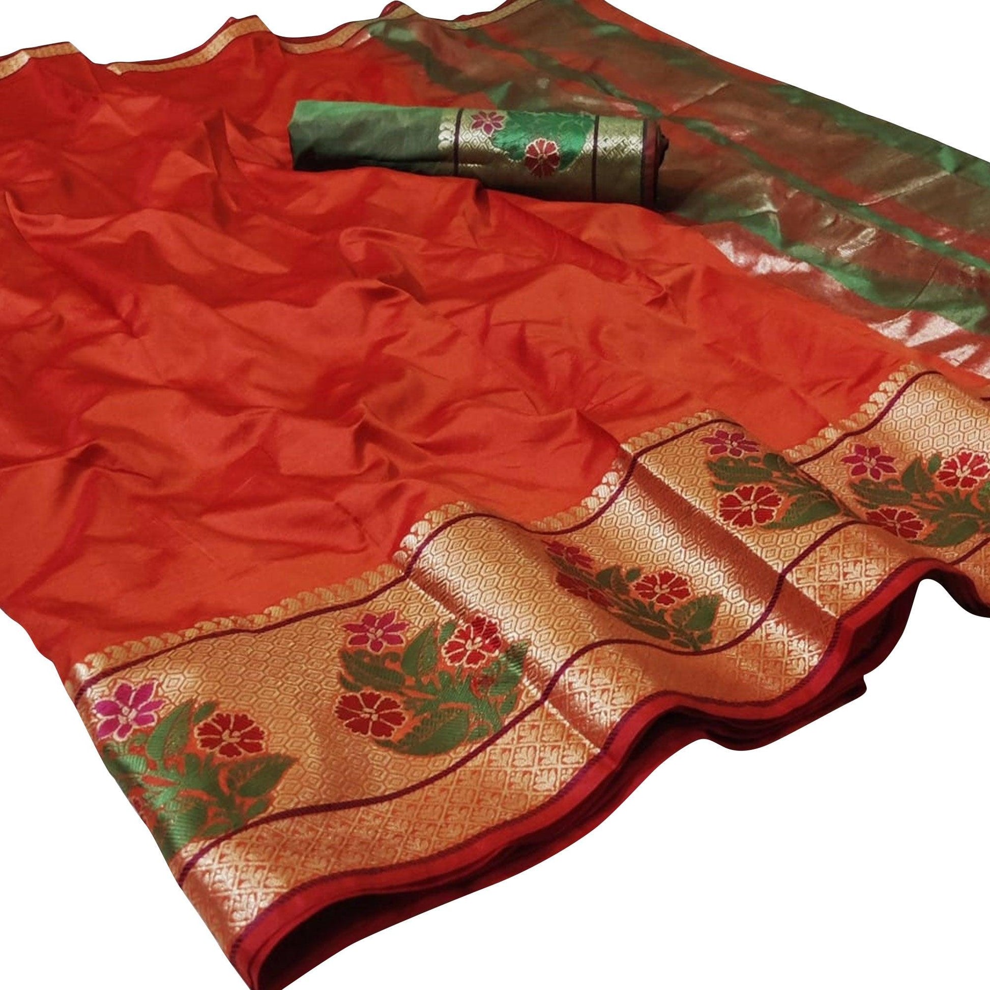 Fantastic Orange Colored Festive Wear Woven Silk Saree