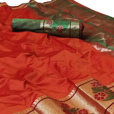 Fantastic Orange Colored Festive Wear Woven Silk Saree