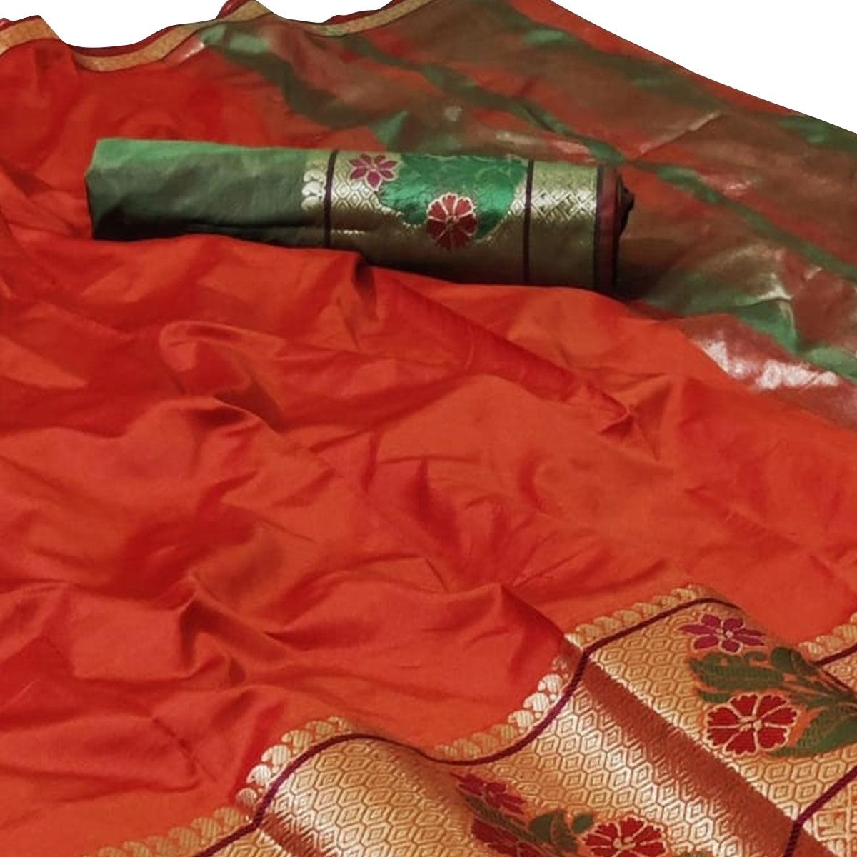 Fantastic Orange Colored Festive Wear Woven Silk Saree
