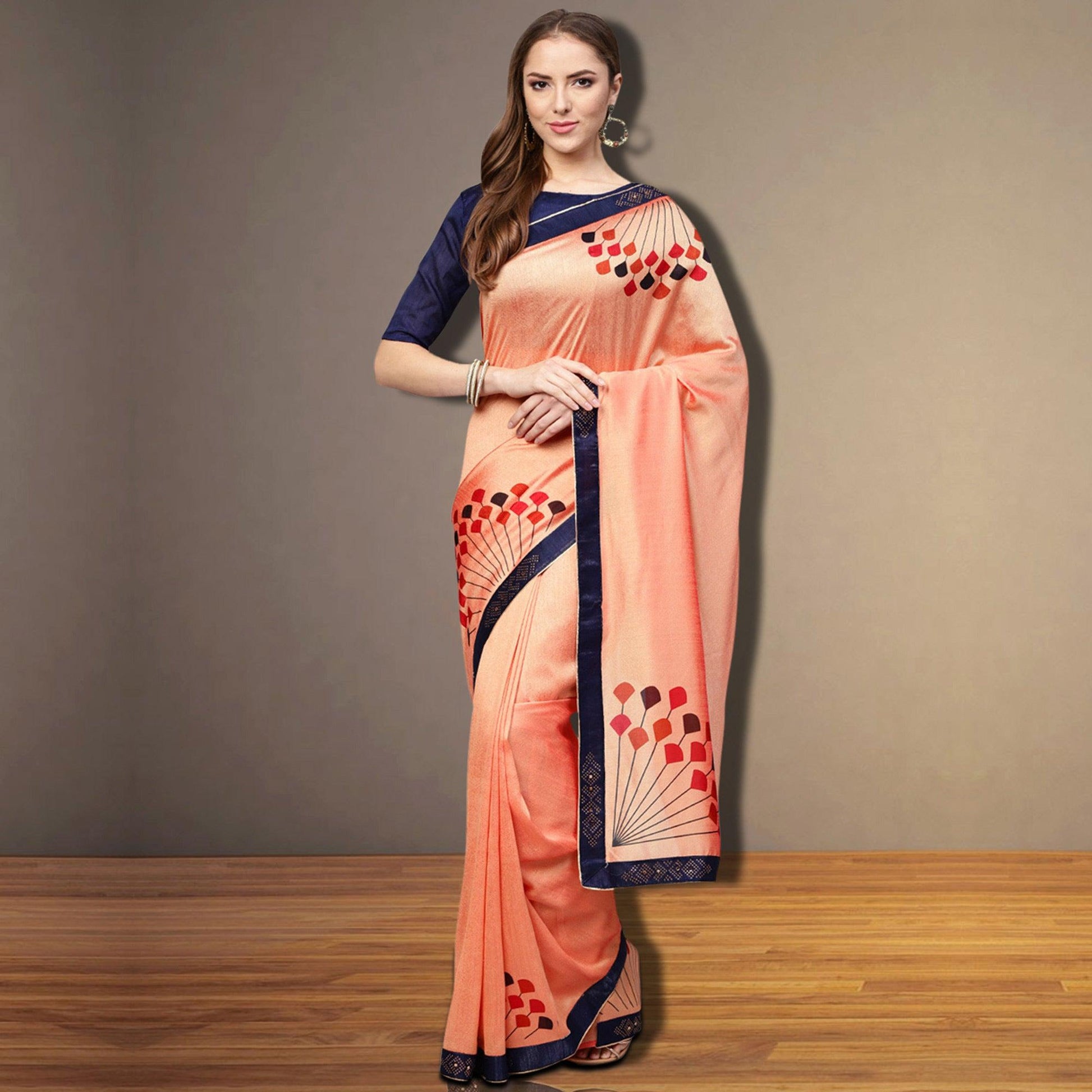 Fantastic Peach Colored Partywear Embroidered Silk Saree