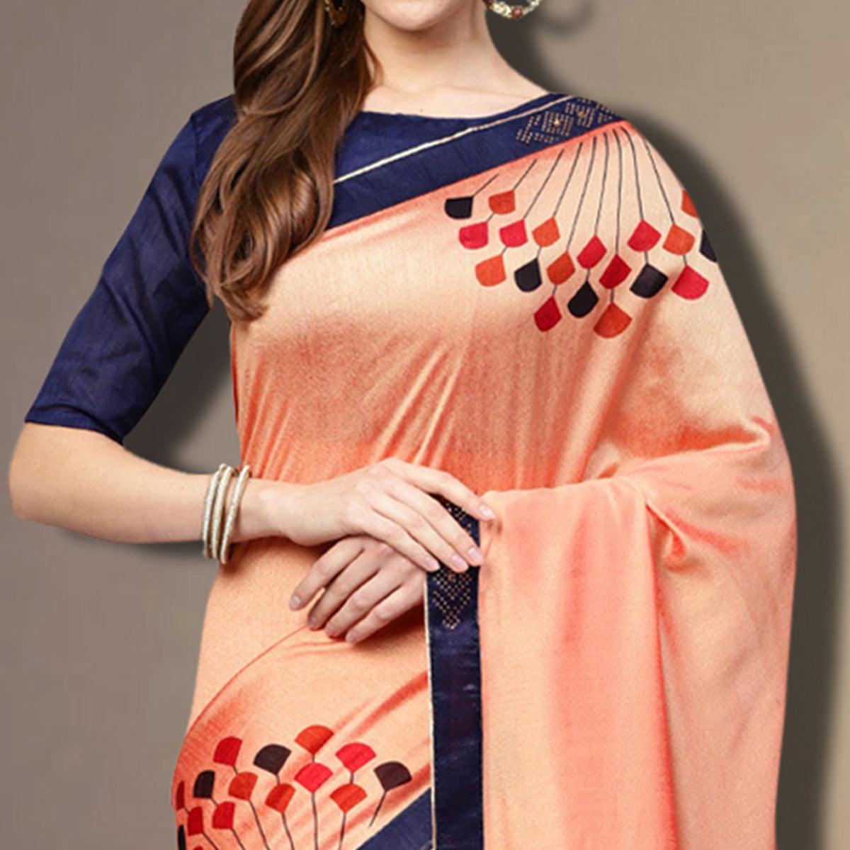 Fantastic Peach Colored Partywear Embroidered Silk Saree
