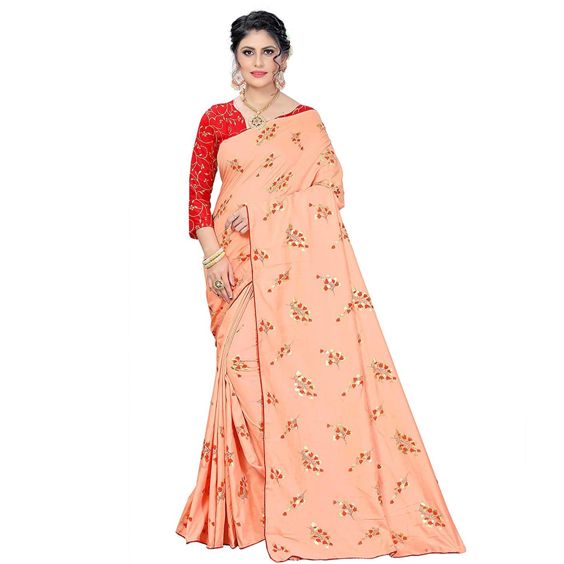 Fantastic Peach Colored Partywear Foil Work Printed Art Silk Saree