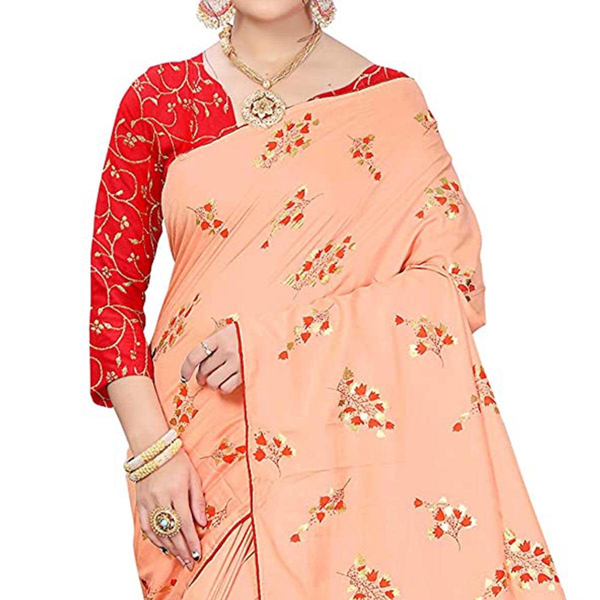 Fantastic Peach Colored Partywear Foil Work Printed Art Silk Saree