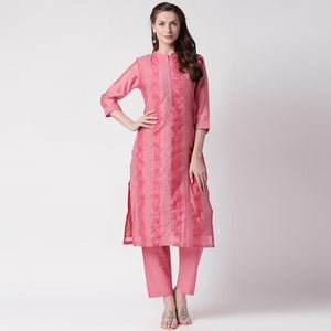 Fantastic Pink Colored Casual Embroidery Silk Suit