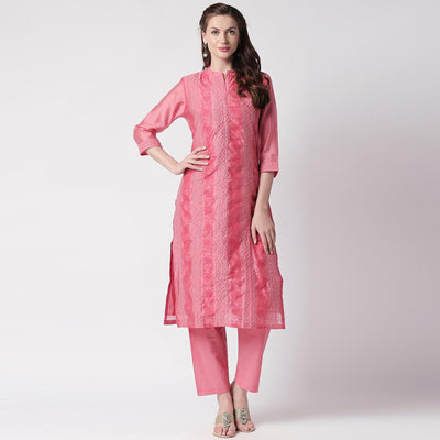 Fantastic Pink Colored Casual Embroidery Silk Suit