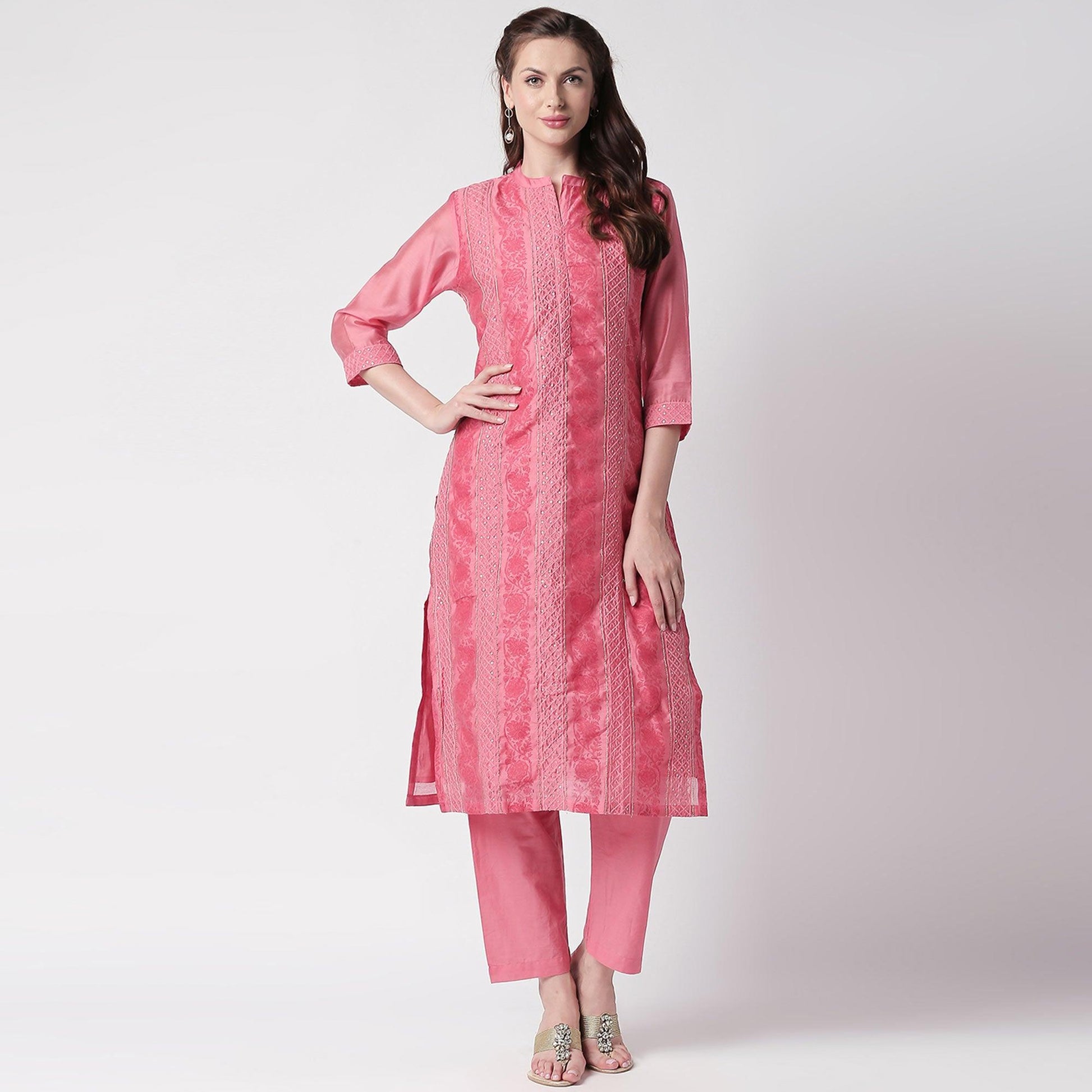 Fantastic Pink Colored Casual Embroidery Silk Suit