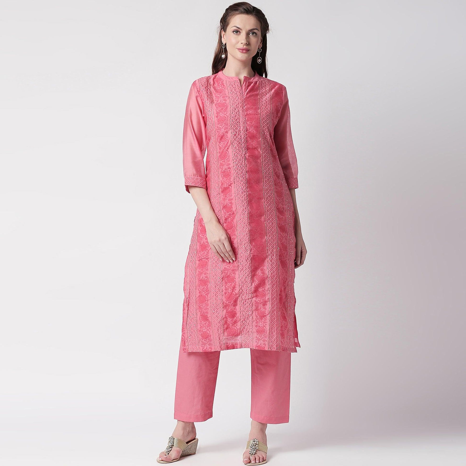 Fantastic Pink Colored Casual Embroidery Silk Suit