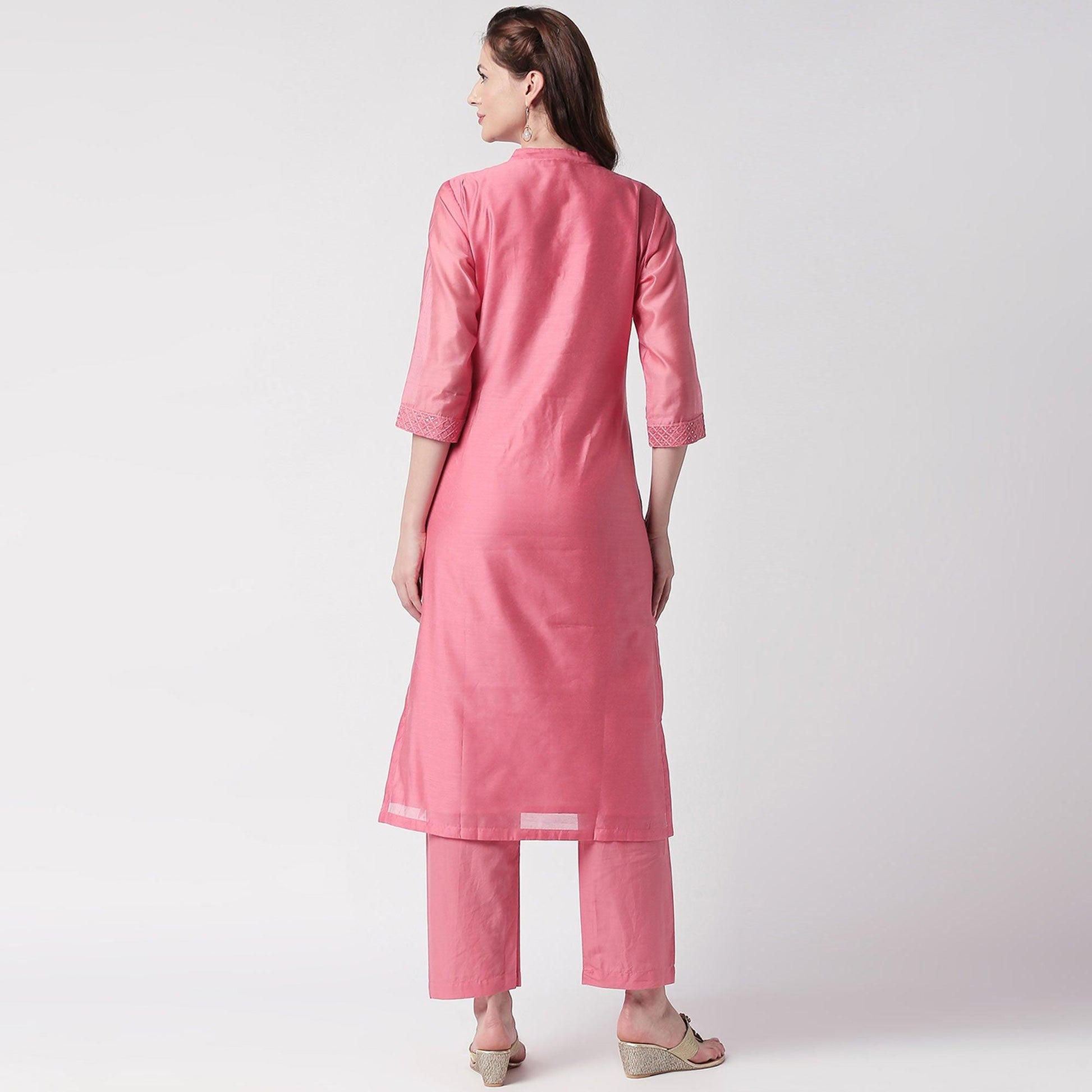 Fantastic Pink Colored Casual Embroidery Silk Suit