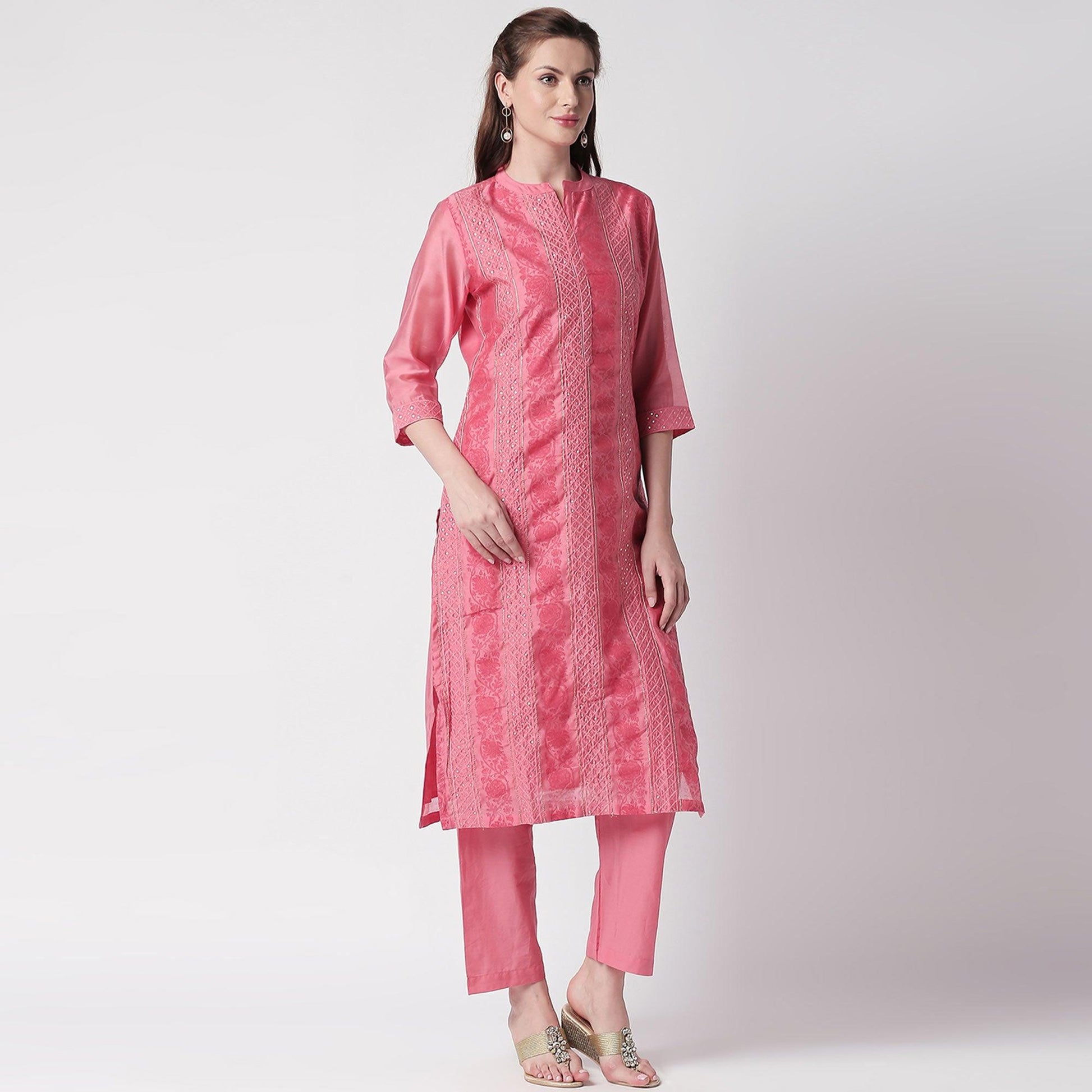 Fantastic Pink Colored Casual Embroidery Silk Suit