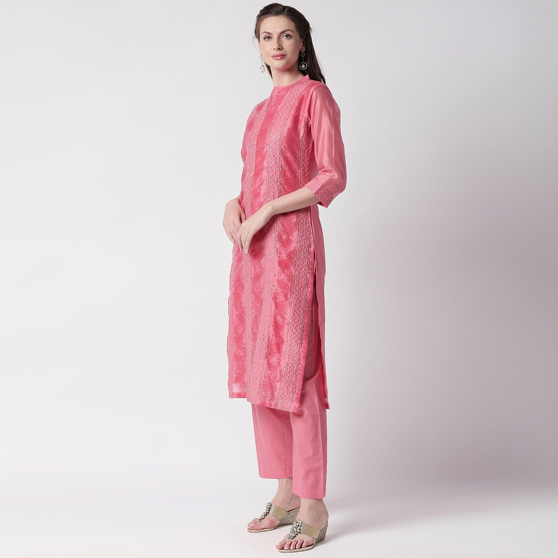 Fantastic Pink Colored Casual Embroidery Silk Suit