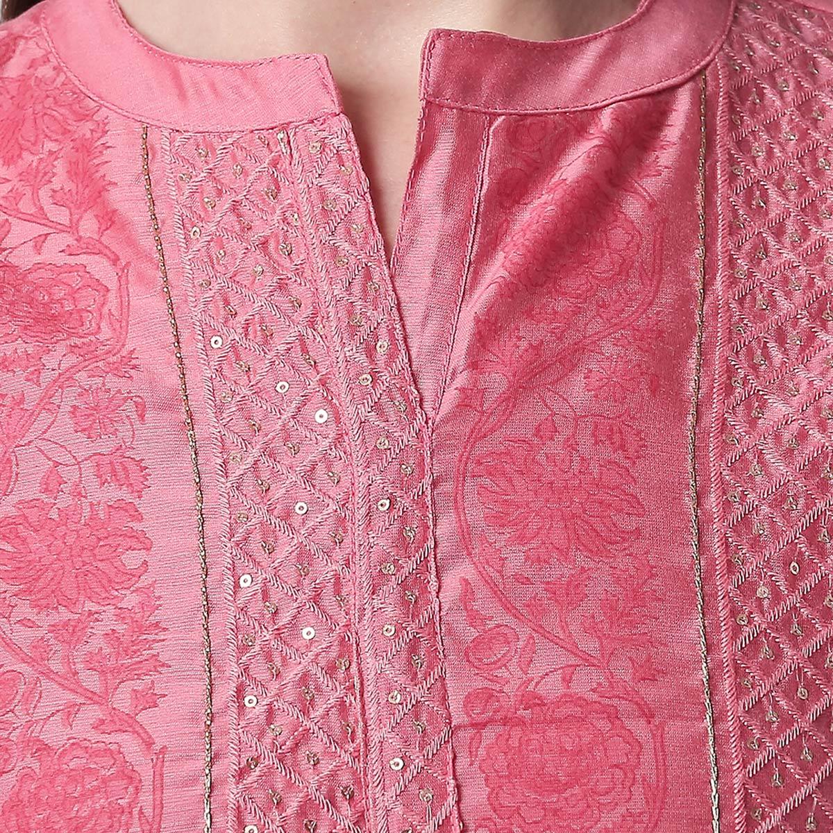 Fantastic Pink Colored Casual Embroidery Silk Suit