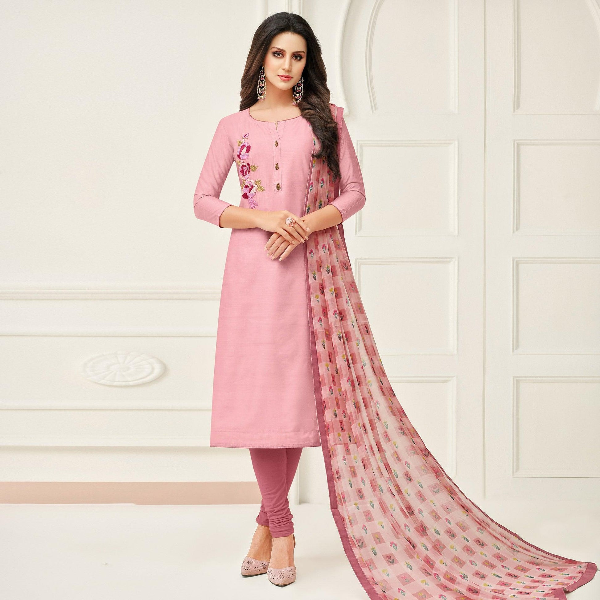 Fantastic Pink Colored Casual Wear Embroidered Chanderi Dress Material