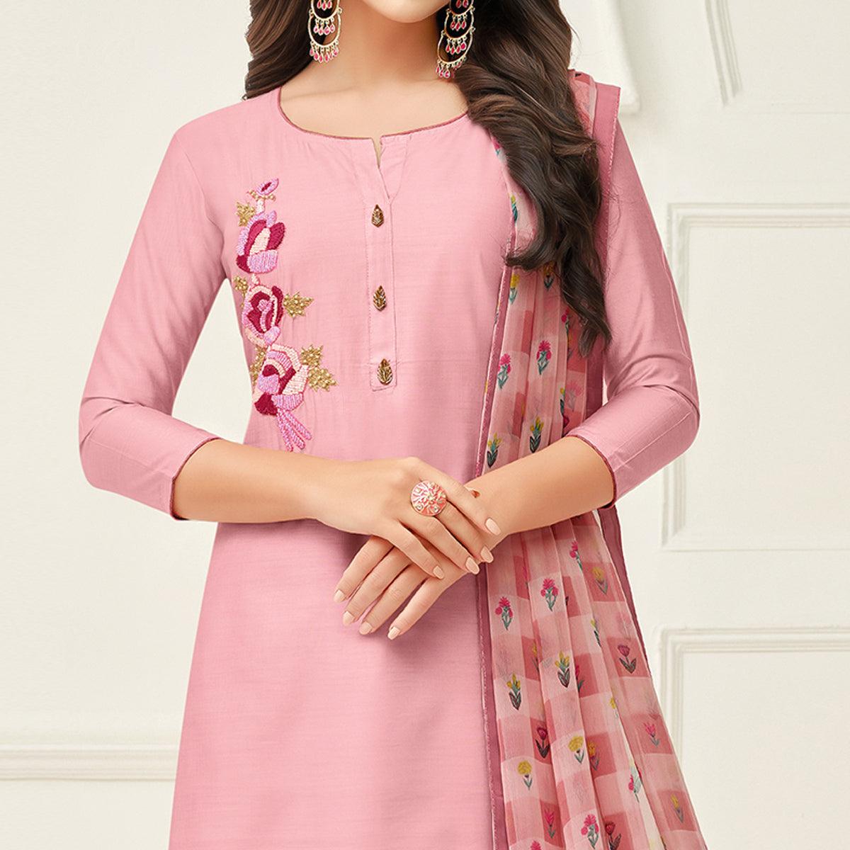 Fantastic Pink Colored Casual Wear Embroidered Chanderi Dress Material