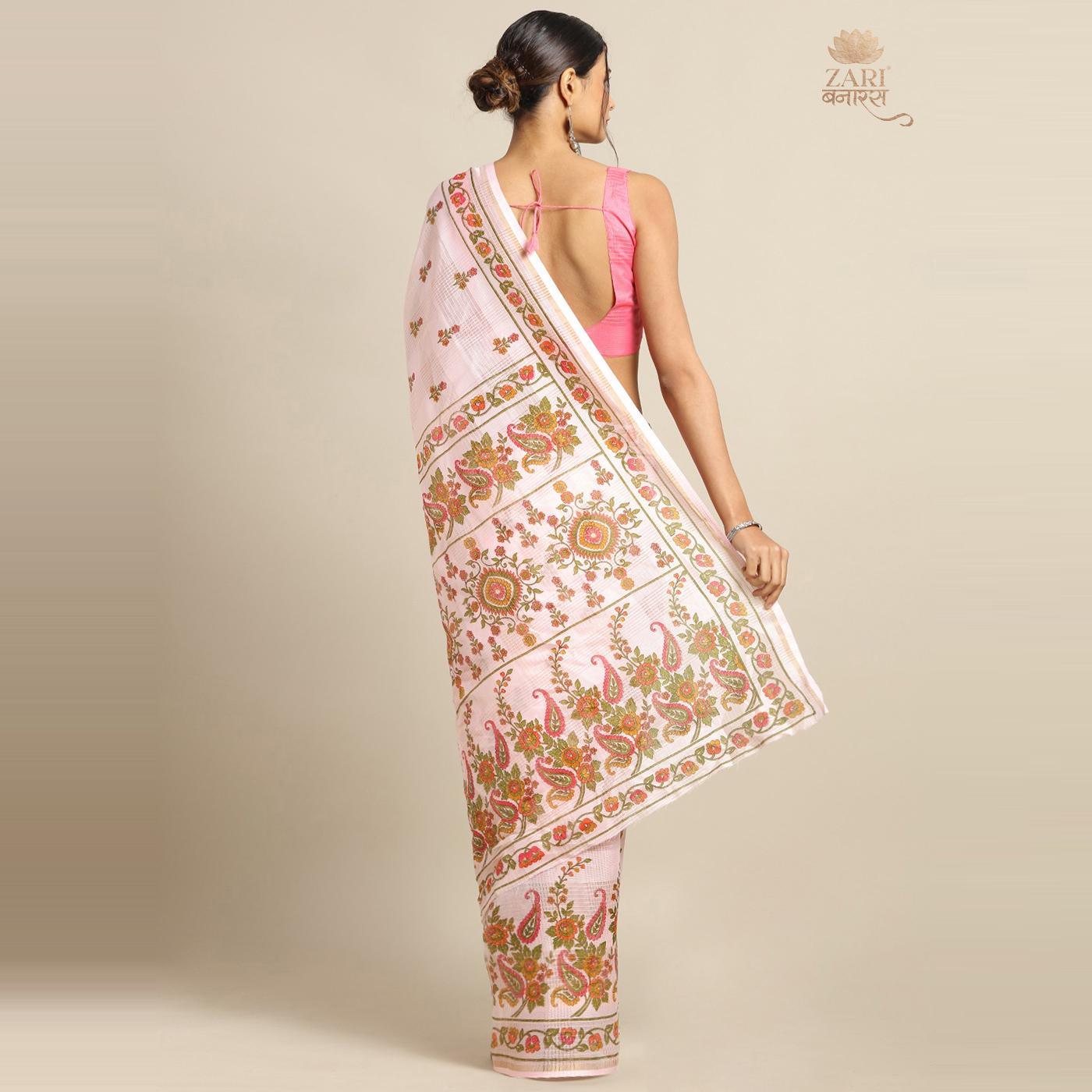 Fantastic Pink Colored Casual Wear Floral Printed Linen Saree