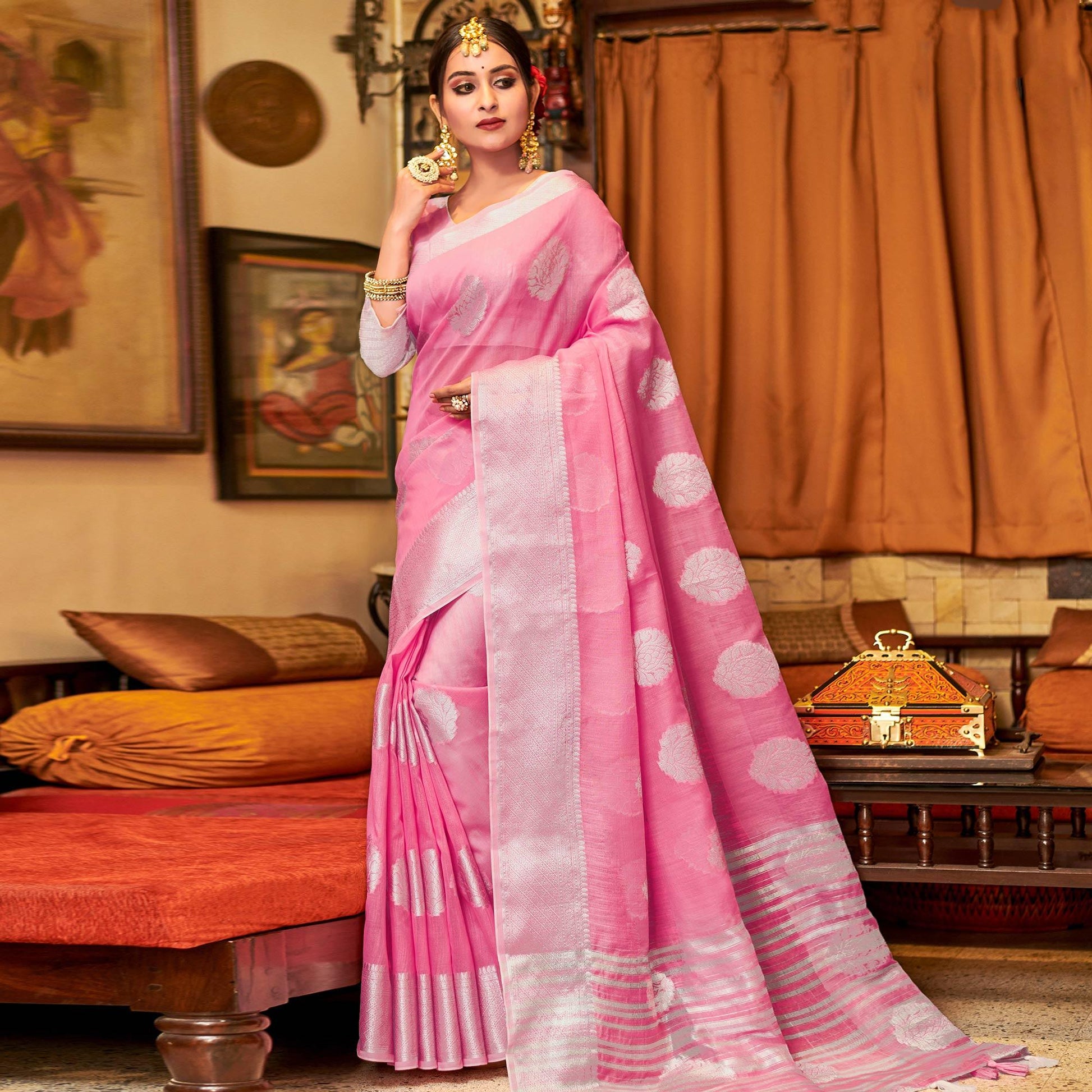 Fantastic Pink Colored Festive Wear Woven Linen Sareee