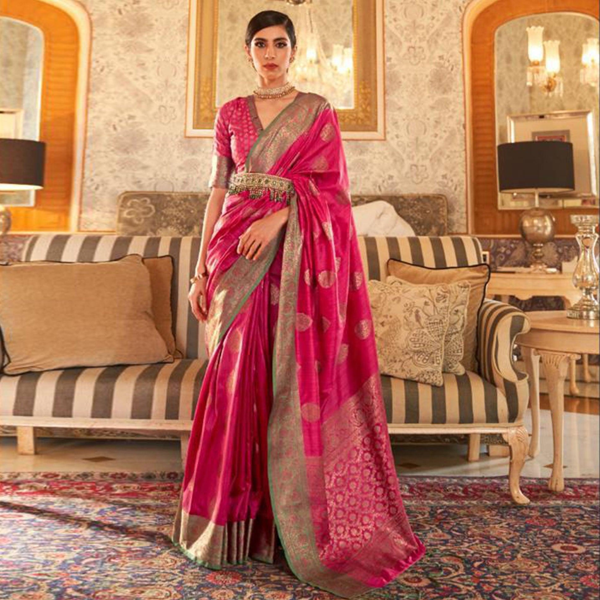 Fantastic Pink Colored Festive Wear Woven Silk Saree