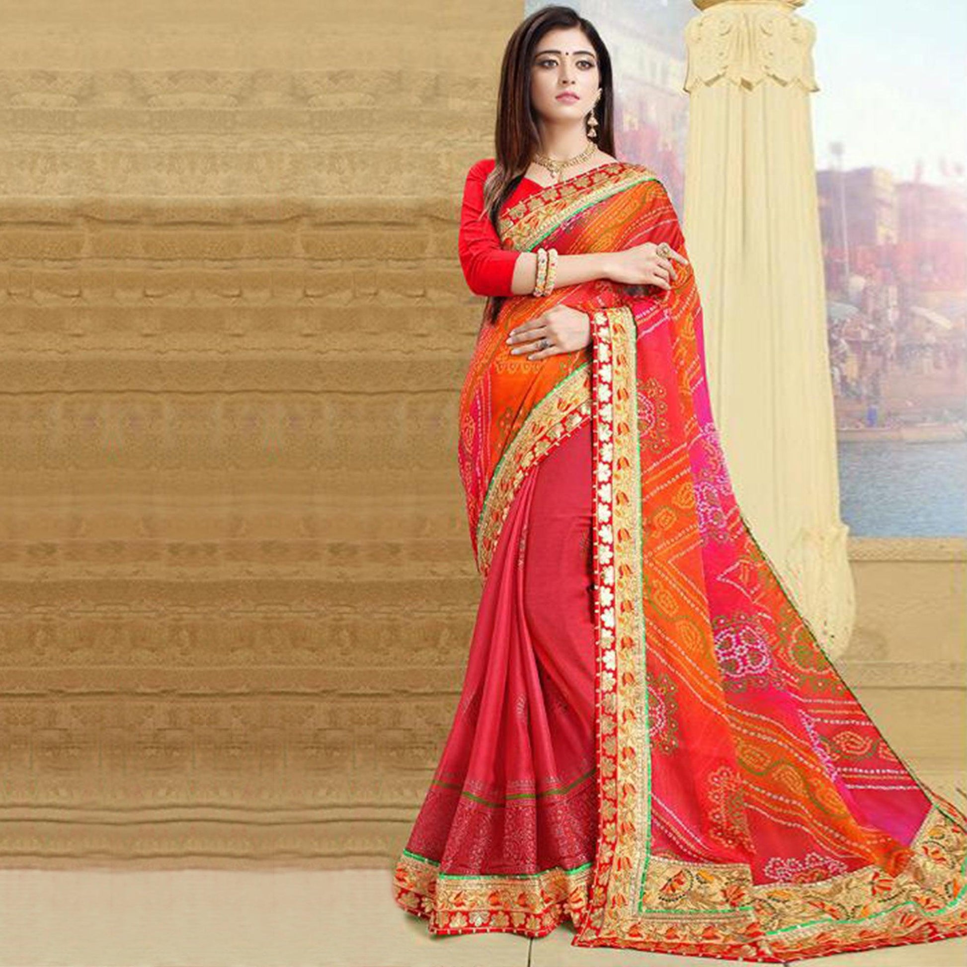 Fantastic Pink Colored Festive Wear Zari Work Moss Chiffon Half-Half Saree