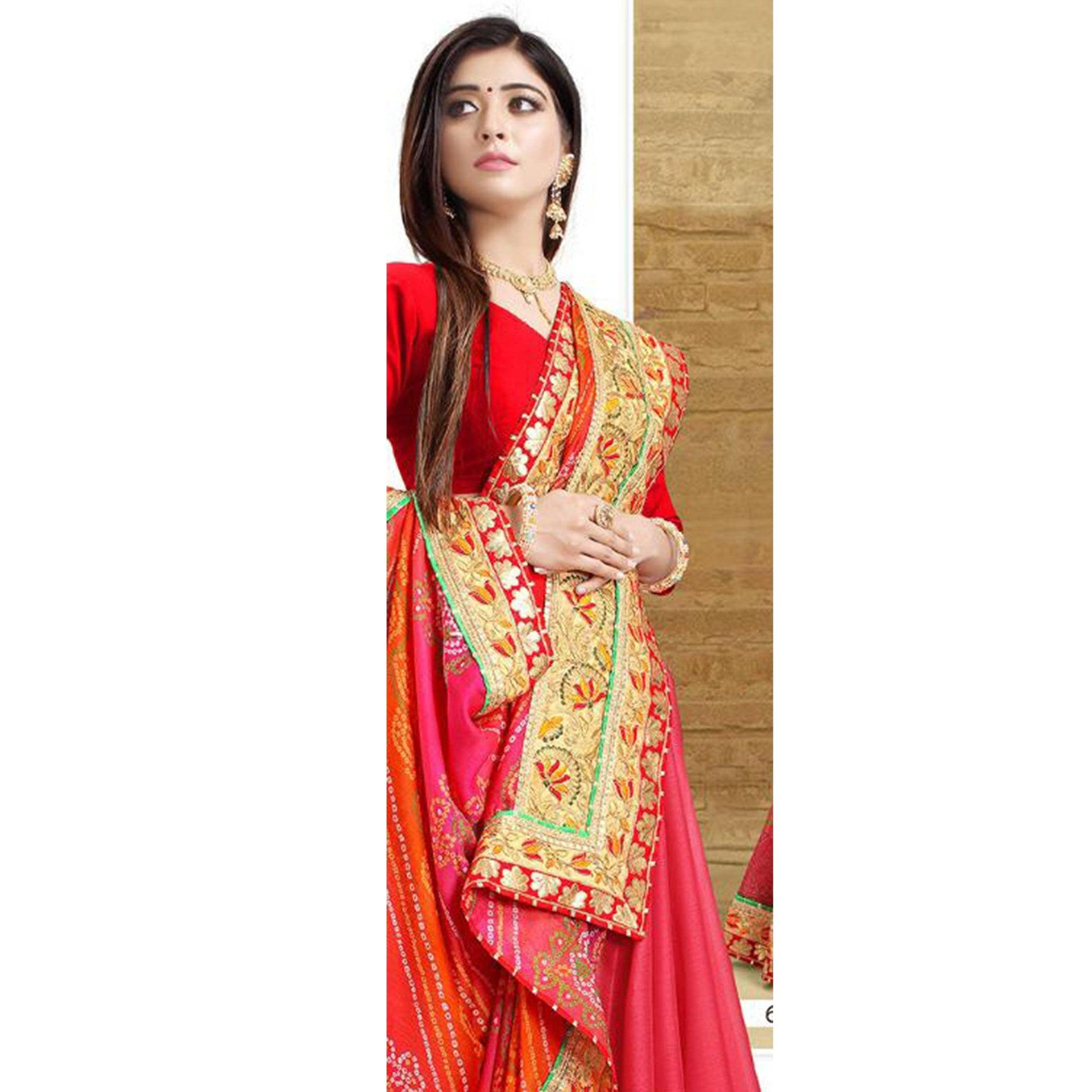 Fantastic Pink Colored Festive Wear Zari Work Moss Chiffon Half-Half Saree