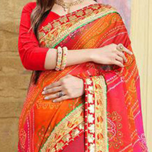 Fantastic Pink Colored Festive Wear Zari Work Moss Chiffon Half-Half Saree
