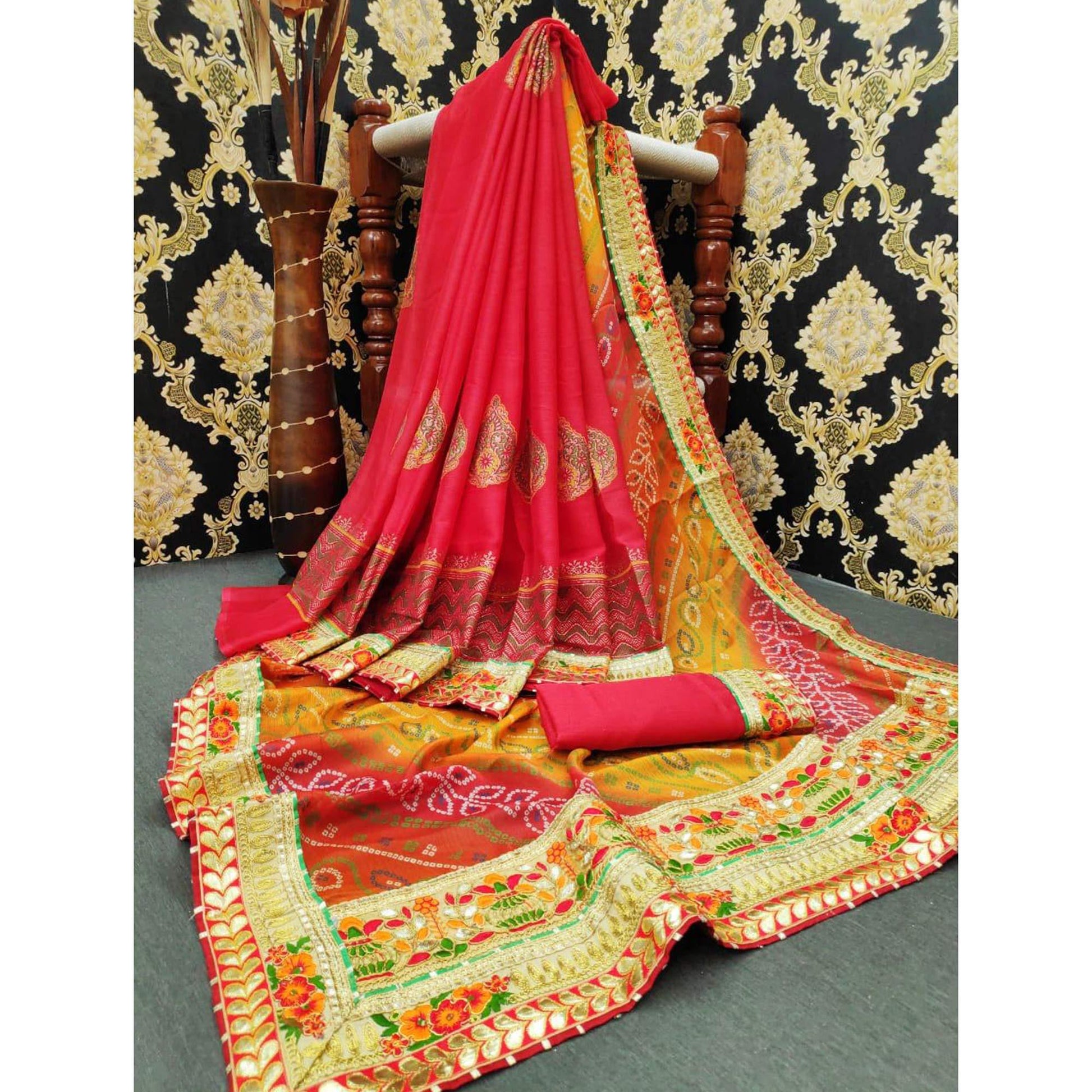 Fantastic Pink Colored Festive Wear Zari Work Moss Chiffon Half-Half Saree