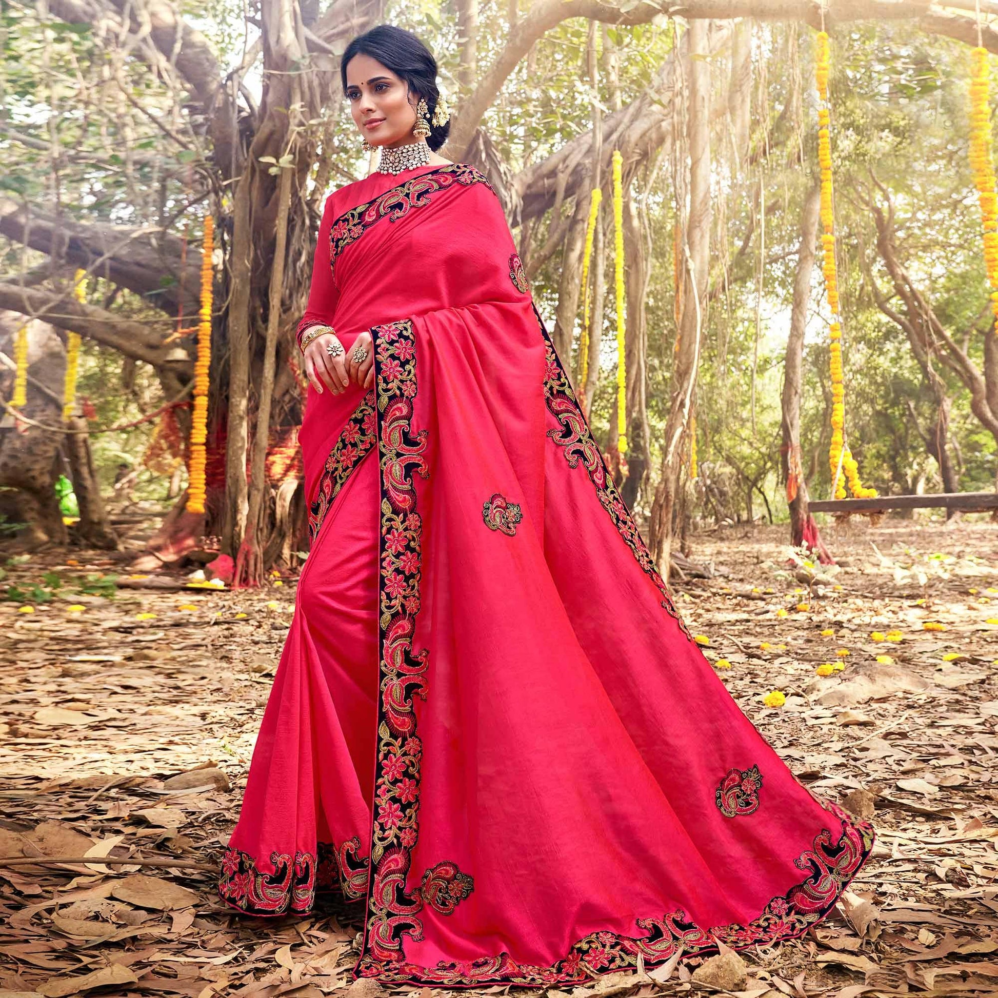 Fantastic Pink Colored Party Wear Embroidered Art Silk Saree