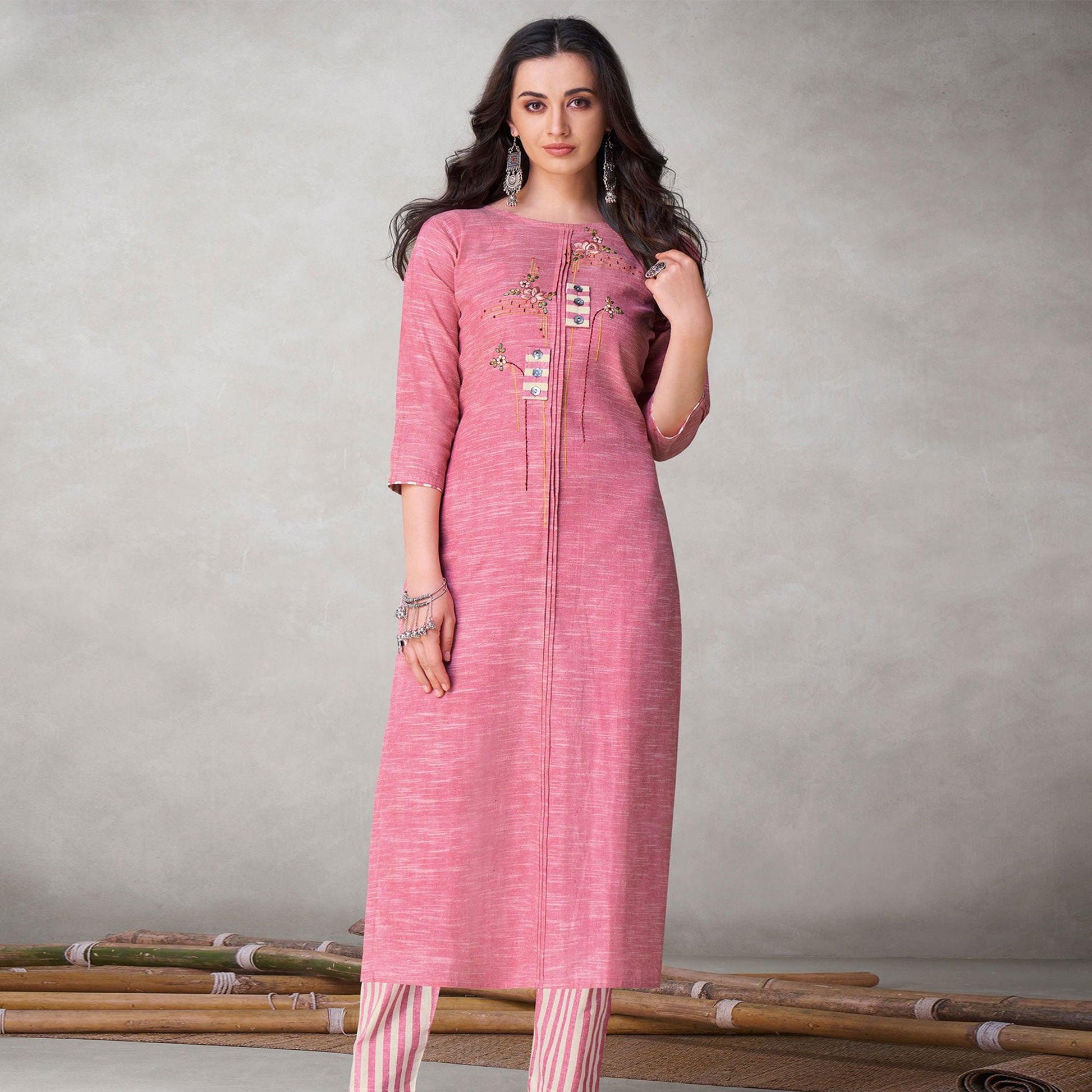 Fantastic Pink Colored Party Wear Embroidered Self Weaved Cotton Kurti Pant Set