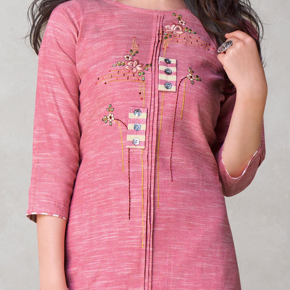 Fantastic Pink Colored Party Wear Embroidered Self Weaved Cotton Kurti Pant Set
