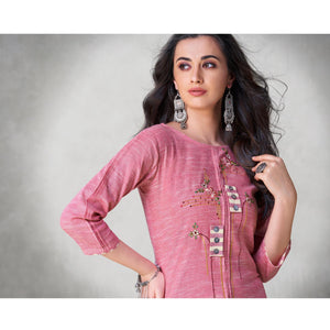 Fantastic Pink Colored Party Wear Embroidered Self Weaved Cotton Kurti Pant Set