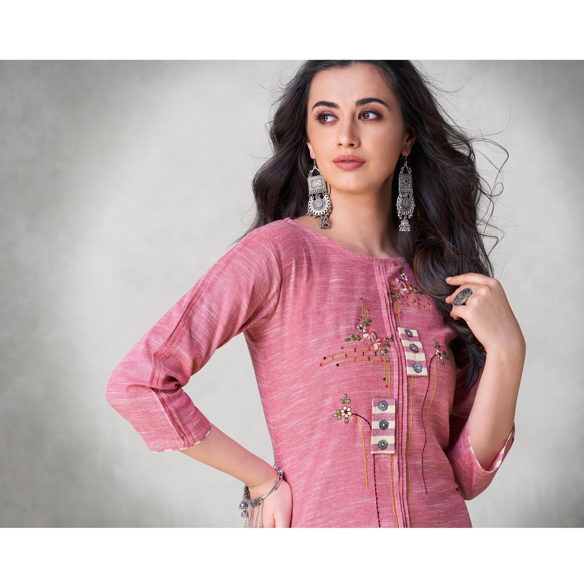 Fantastic Pink Colored Party Wear Embroidered Self Weaved Cotton Kurti Pant Set