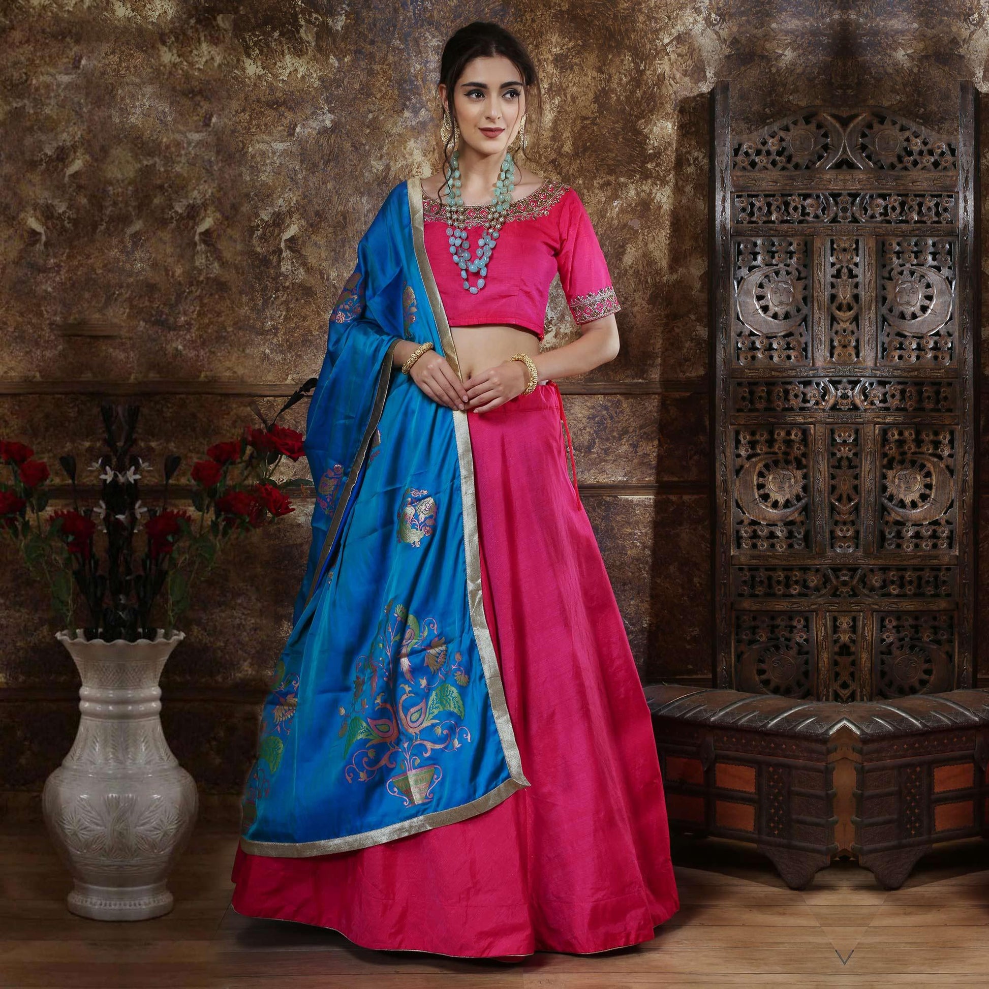 Fantastic Pink Colored Party Wear Foil Printed Silk Lehenga Choli
