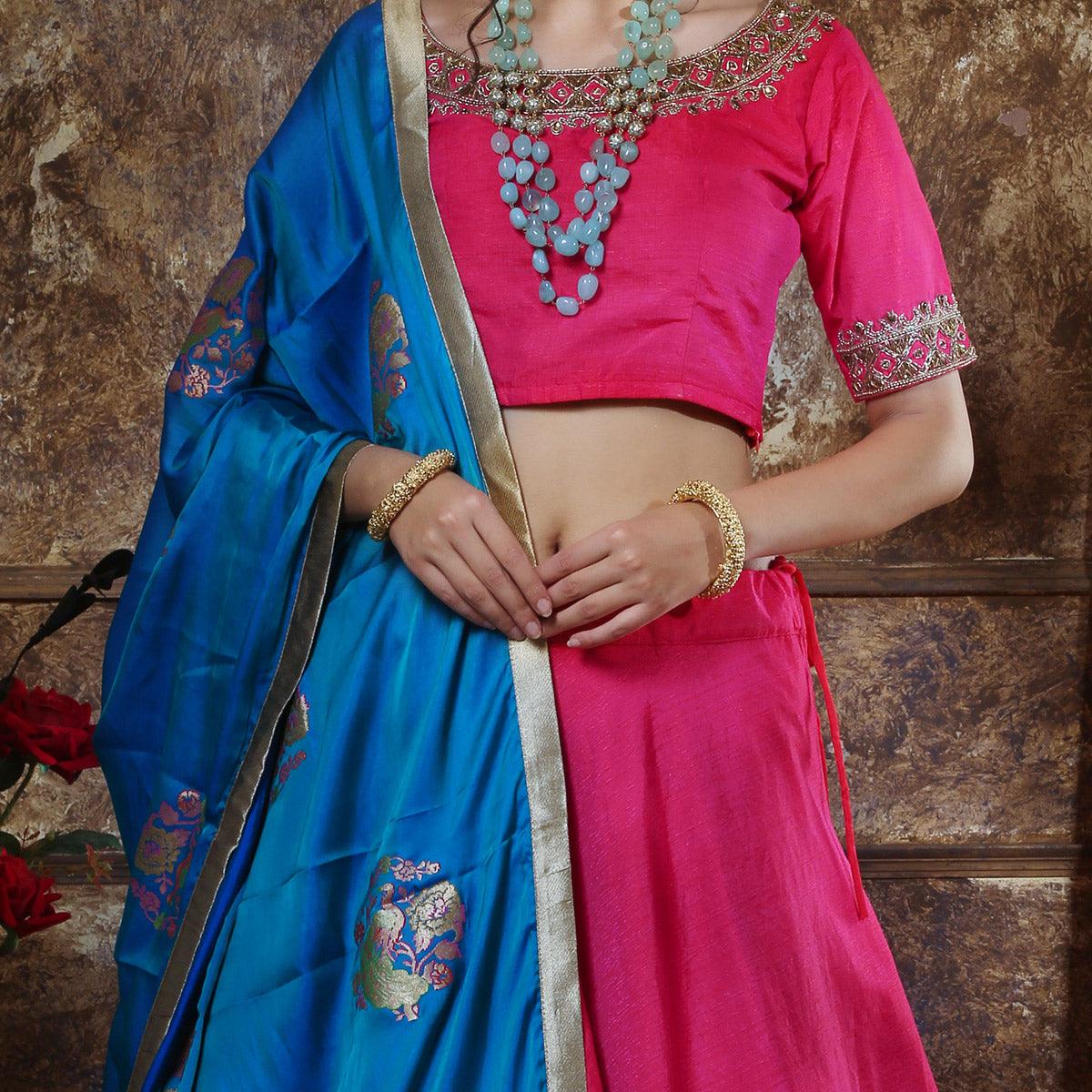 Fantastic Pink Colored Party Wear Foil Printed Silk Lehenga Choli