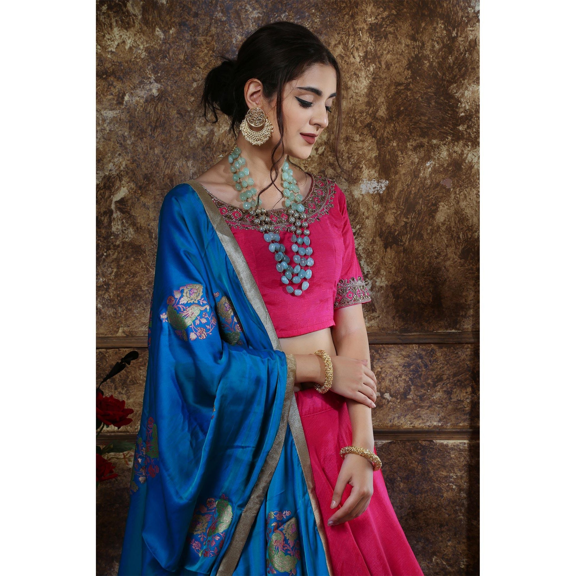 Fantastic Pink Colored Party Wear Foil Printed Silk Lehenga Choli