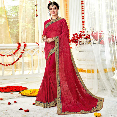 Fantastic Pink Colored Partywear Embroidered Georgette Saree