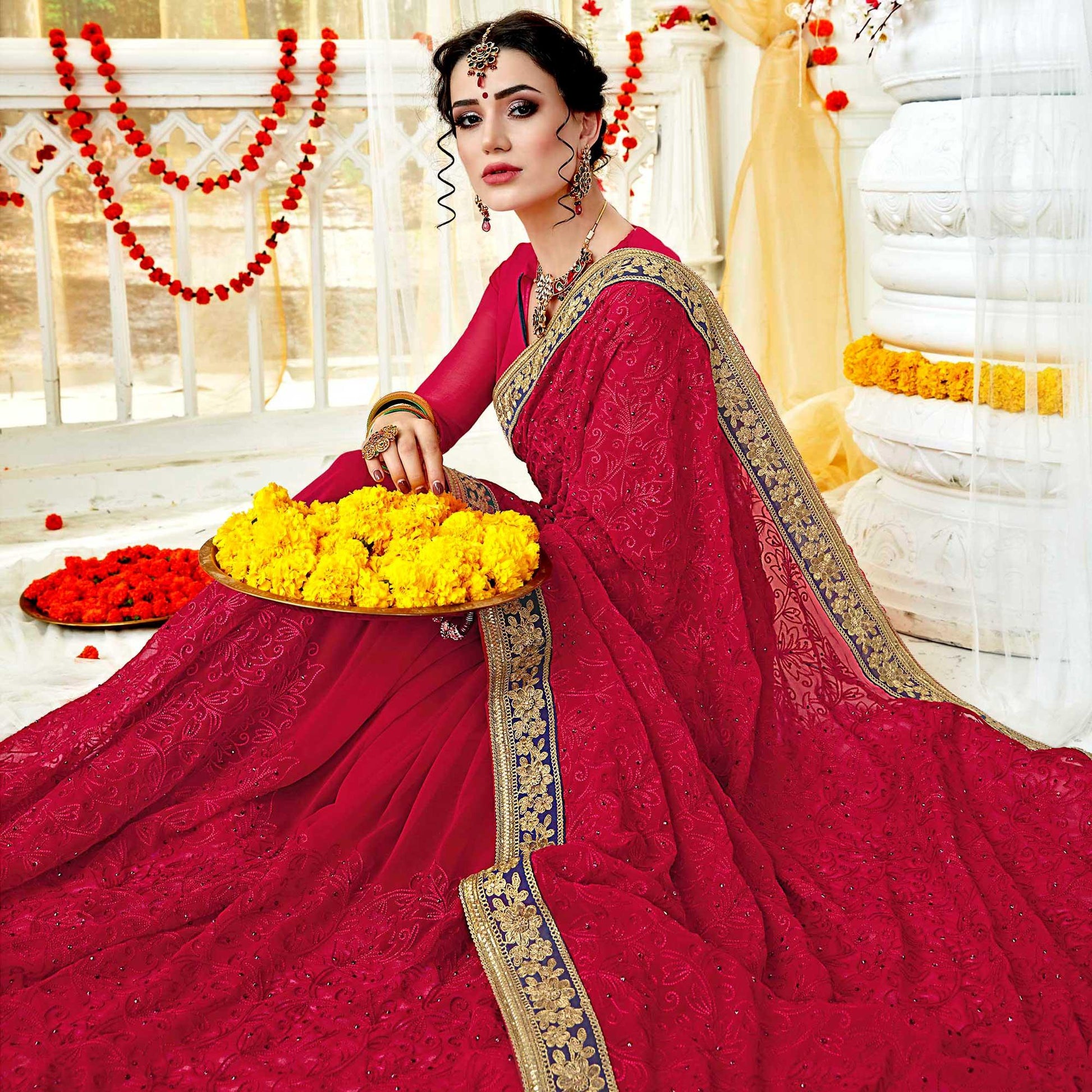 Fantastic Pink Colored Partywear Embroidered Georgette Saree